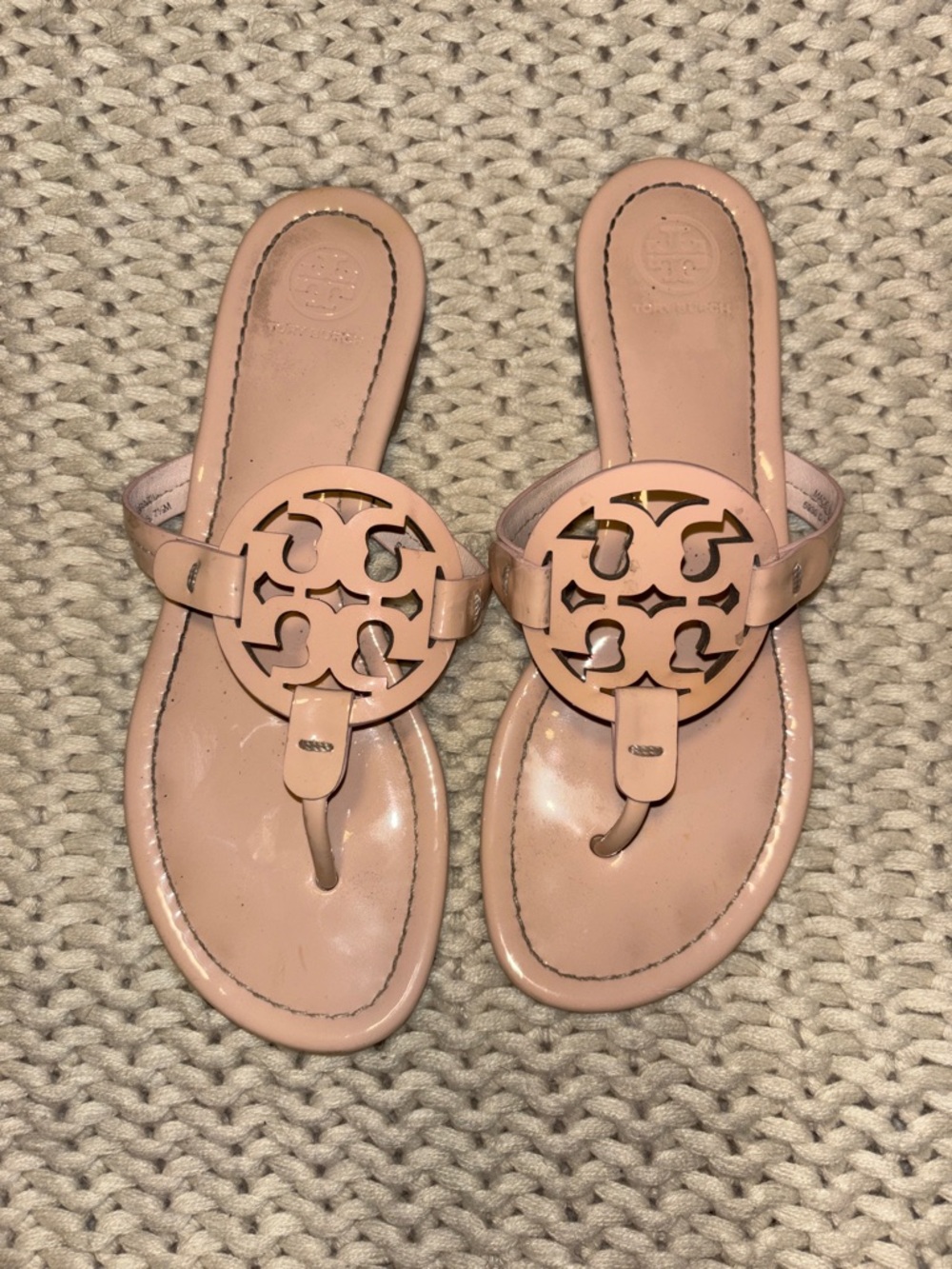 Tory Burch Pale Pink Patent Logo Thong Sandals